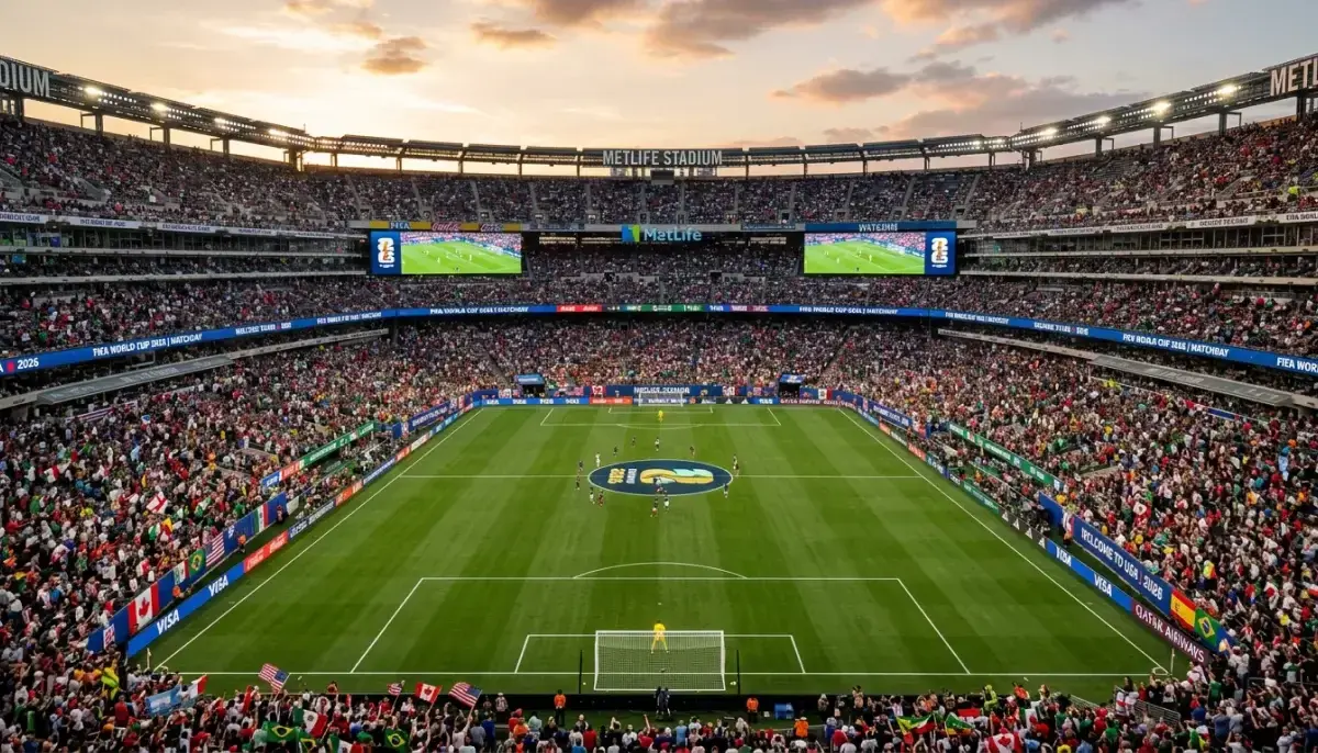 Corn an Domhain 2026 — staidiam le lucht féachana agus páirc sacair