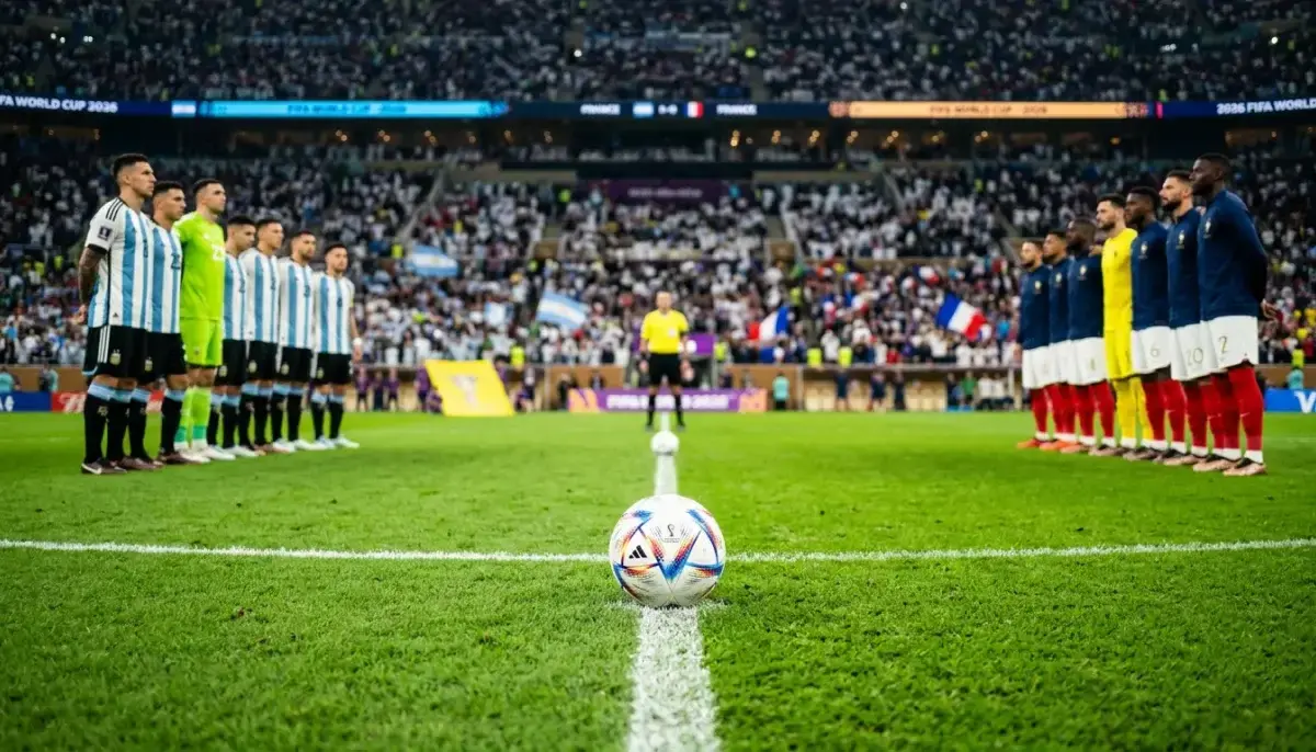 Páirc sacair le marcálacha bána agus liathróid oifigiúil FIFA roimh thosach cluiche Corn an Domhain