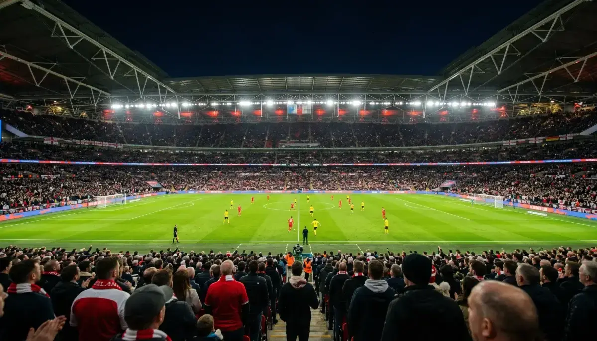 Radharc ó na suíocháin ar pháirc sacair le soilse geala agus féar glas ar oíche cluiche idirnáisiúnta