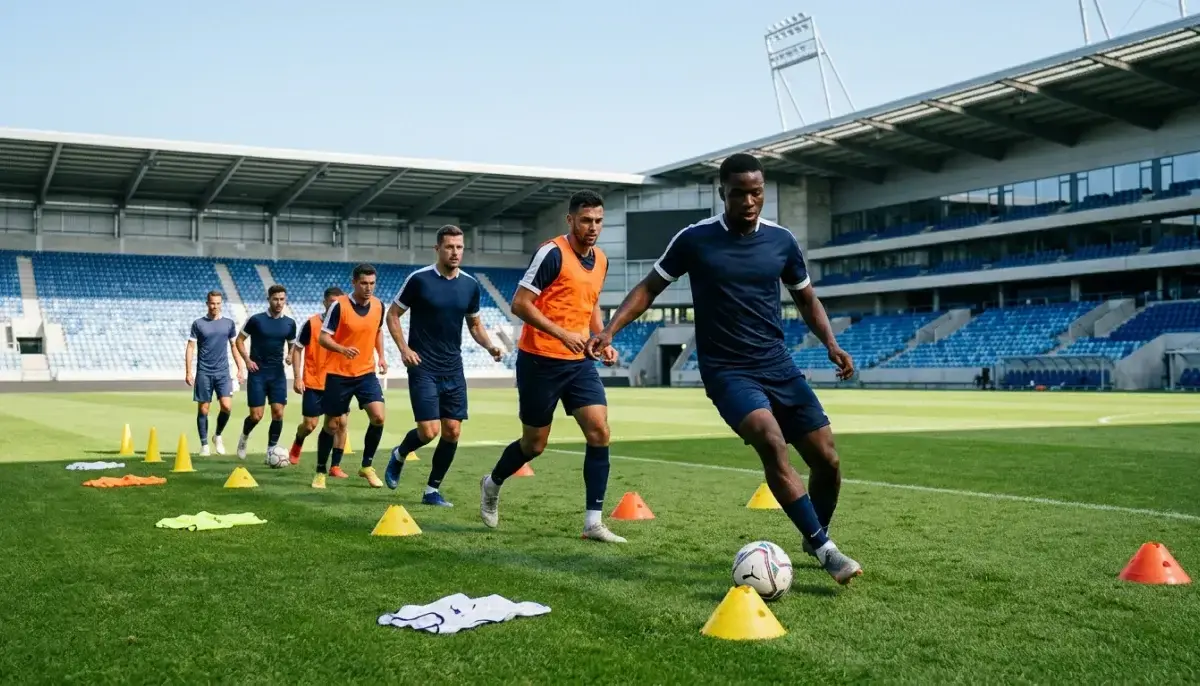 Imreoirí sacair le geansaithe gorma na hAlban ag traenáil ar pháirc ghlas roimh Chorn an Domhain 2026