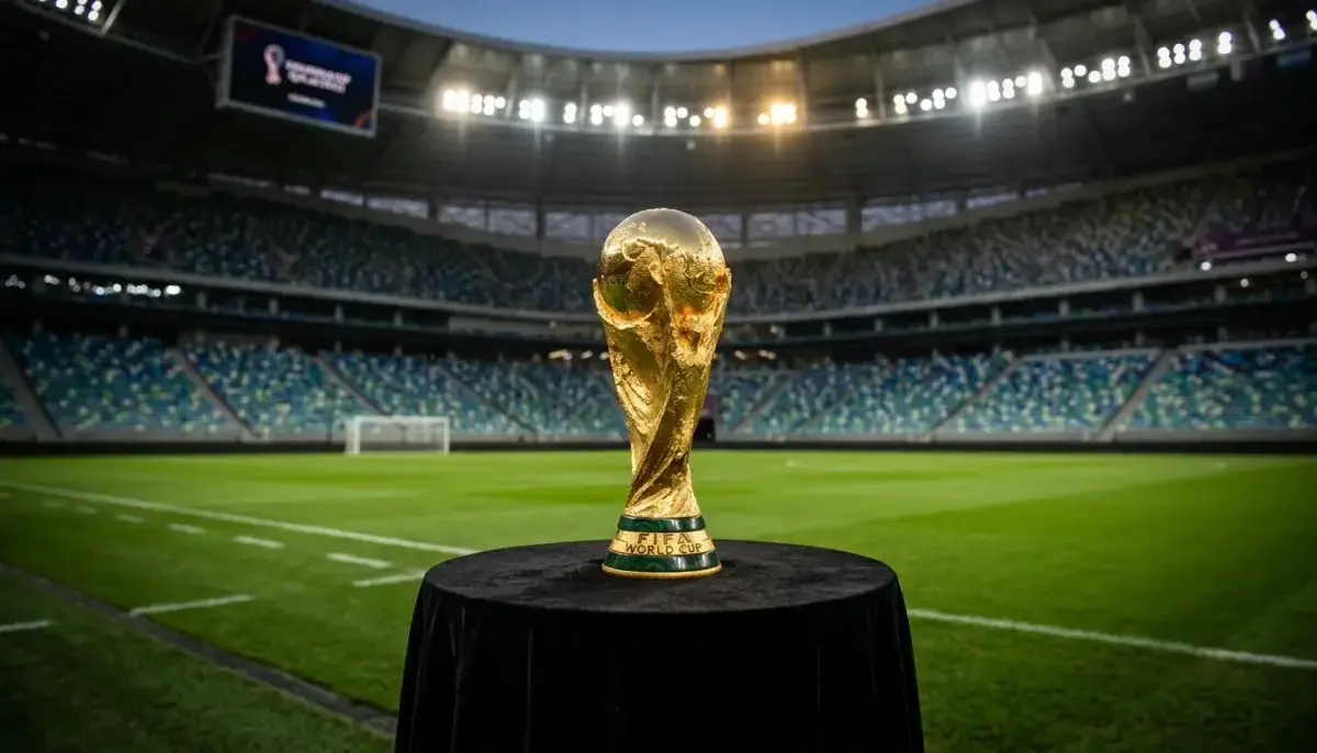 Corn Domhanda FIFA ar ardán le soilse staidiam agus páirc sacair sa chúlra